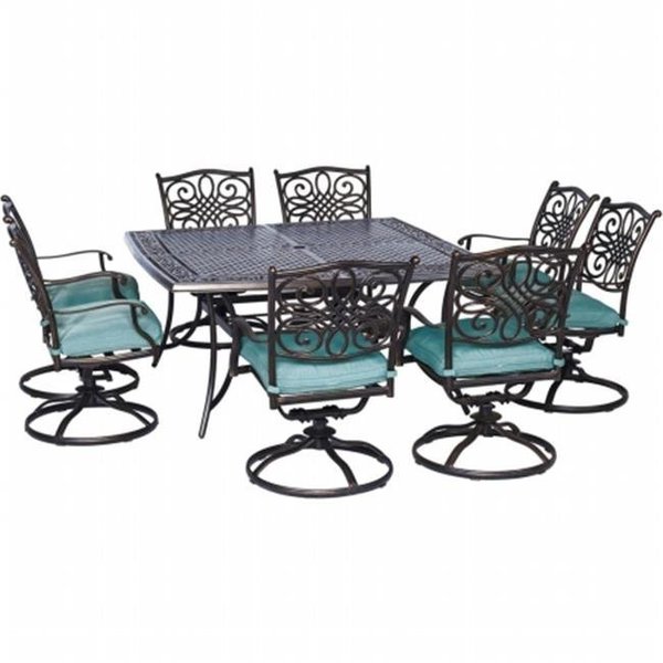 Hanover Hanover TRAD9PCSWSQ8-BLU Traditions 9 Piece Dining Set - 60 in. Cast Table; 6 Dining Chairs; 2 Swivel Churse & Blue Cushion TRAD9PCSWSQ8-BLU